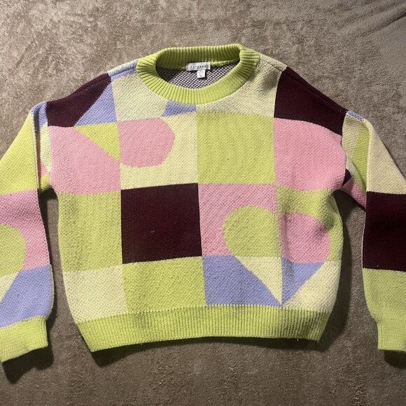 Top Shop Sweater Sz XS/S Abstract Colorblock  Knit Crop Striped Checker Hearts - Picture 1 of 9